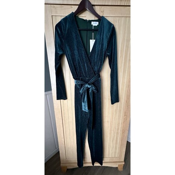 Lovers + Friends X Revolve NEW Hart Velvet V-Neck Jumpsuit Emerald Green Size S - Picture 10 of 10
